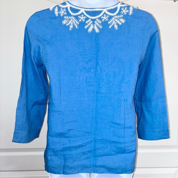 Lilly Pulitzer Amelia Island Blue Linen Tunic Medium Top Beaded Resort - Picture 3 of 11